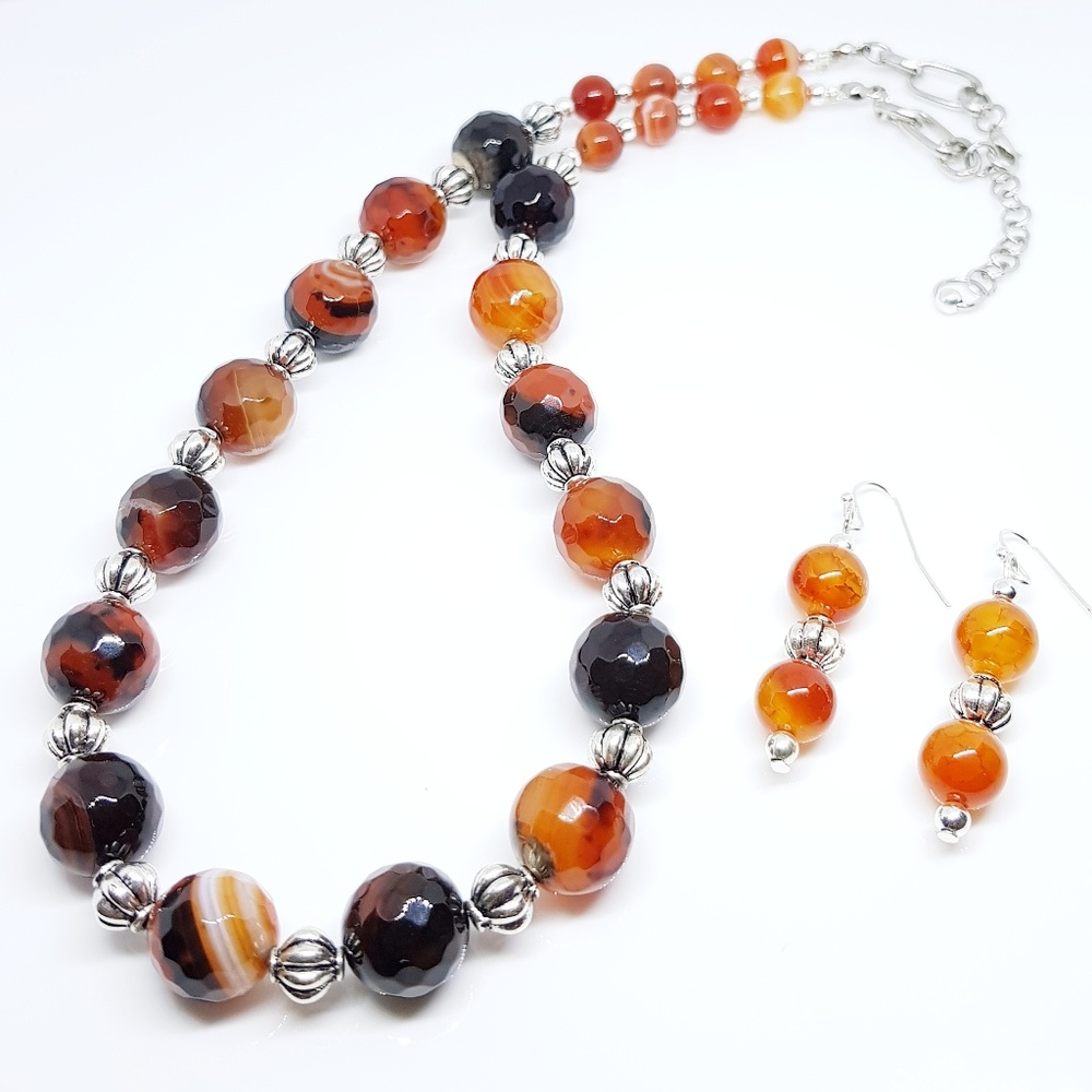 Fire Agate Dyed Amber Stones Beaded Duo Set